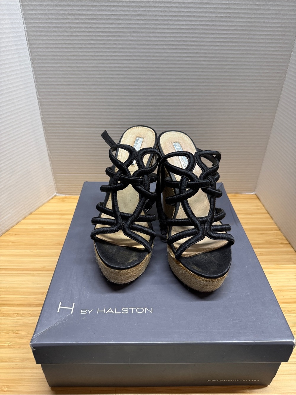 H by Halston Black Strappy Espadrille Wedge Sandals